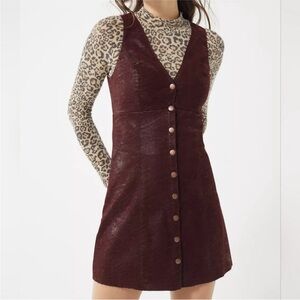 Urban Outfitters Wine Burgundy Faux-Leather Button Pinafore Dress